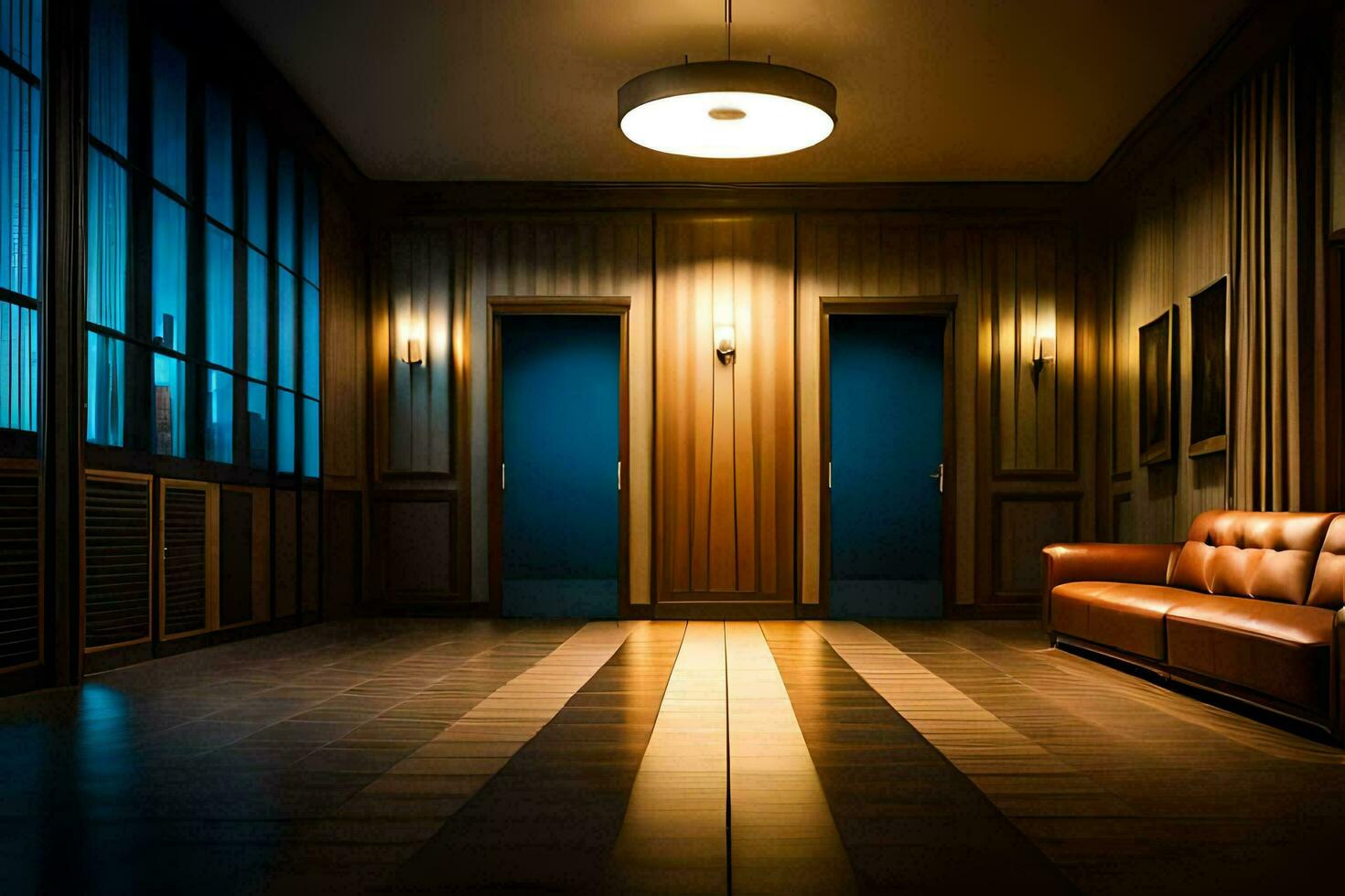 a hallway with a couch and two doors. AI-Generated photo