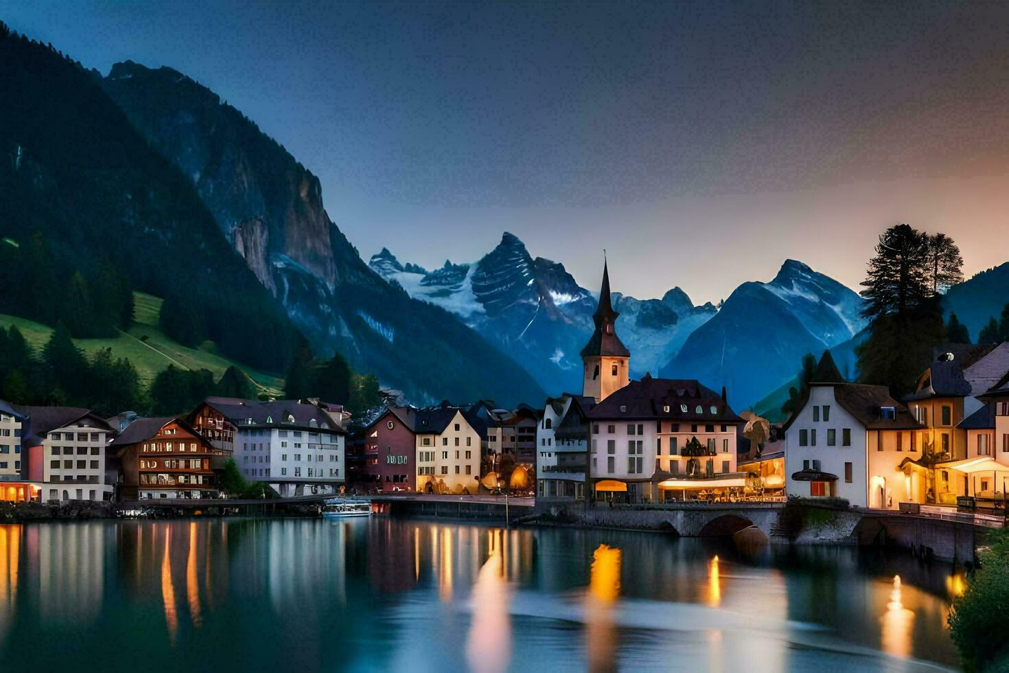 the town of switzerland at dusk. AI-Generated photo