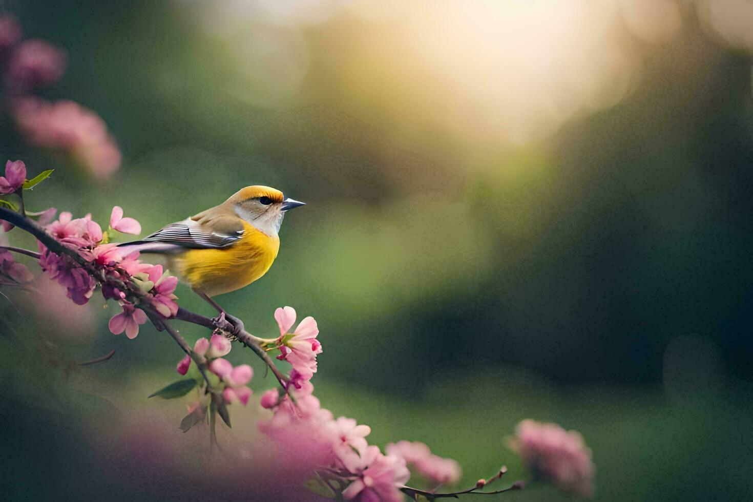a yellow bird sits on a branch of a tree with pink flowers. AI-Generated photo