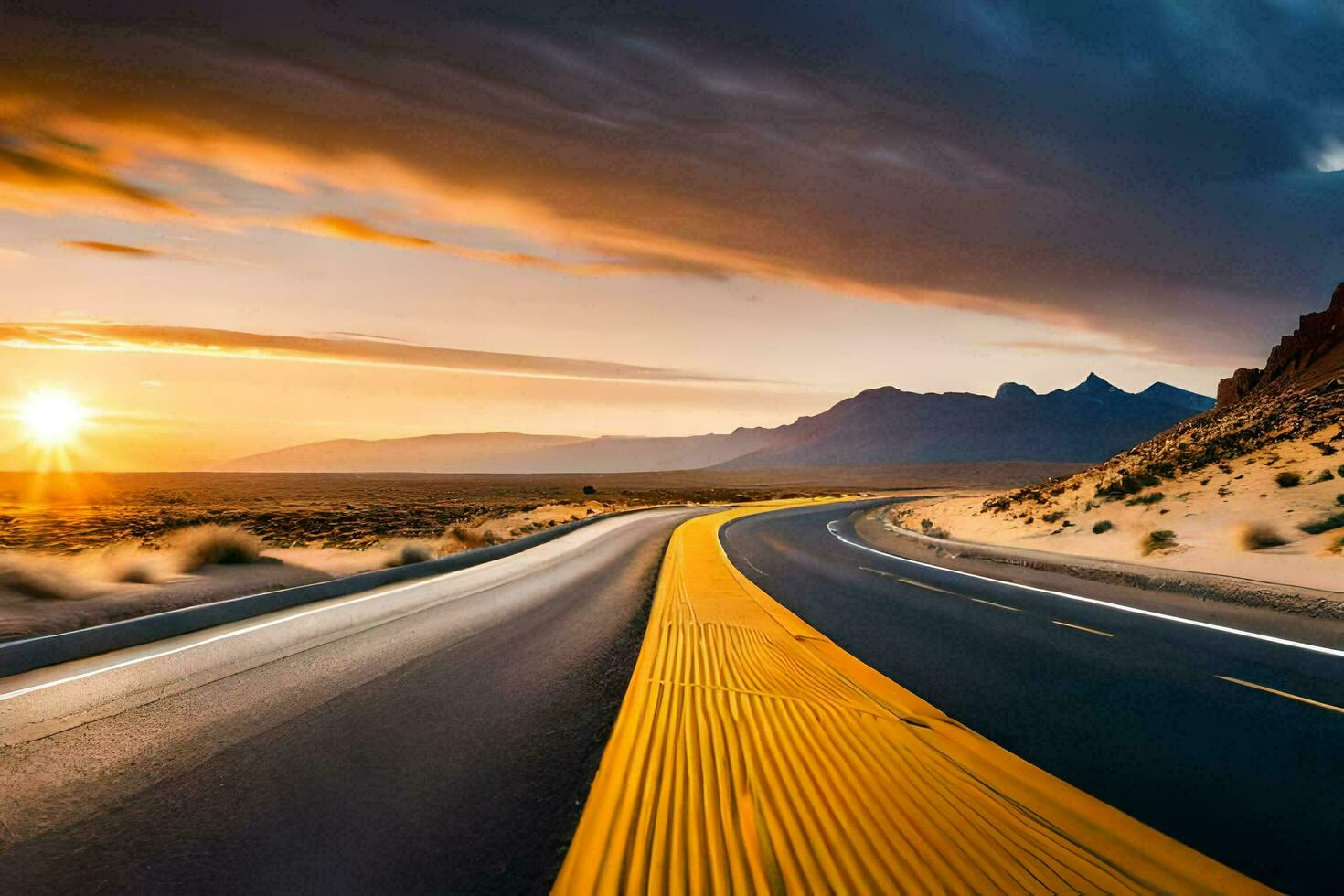 a road in the desert with the sun setting. AI-Generated photo