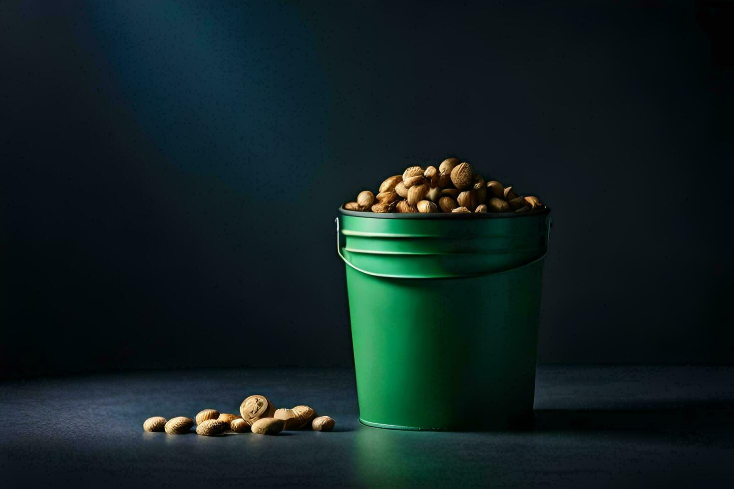 a green bucket filled with peanuts on a dark background. AI-Generated photo
