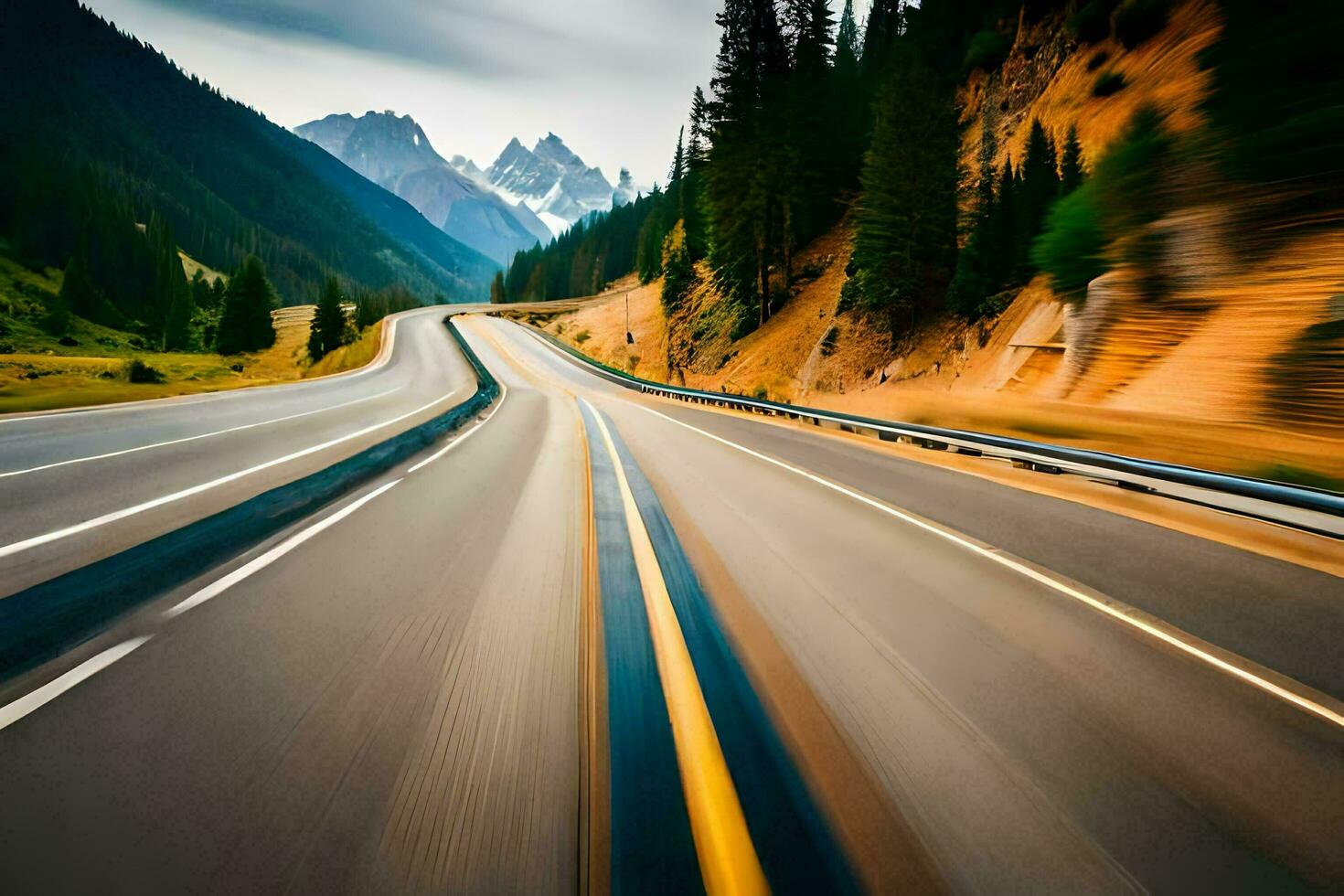 un borroso imagen de un la carretera con montañas en el antecedentes. generado por ai foto