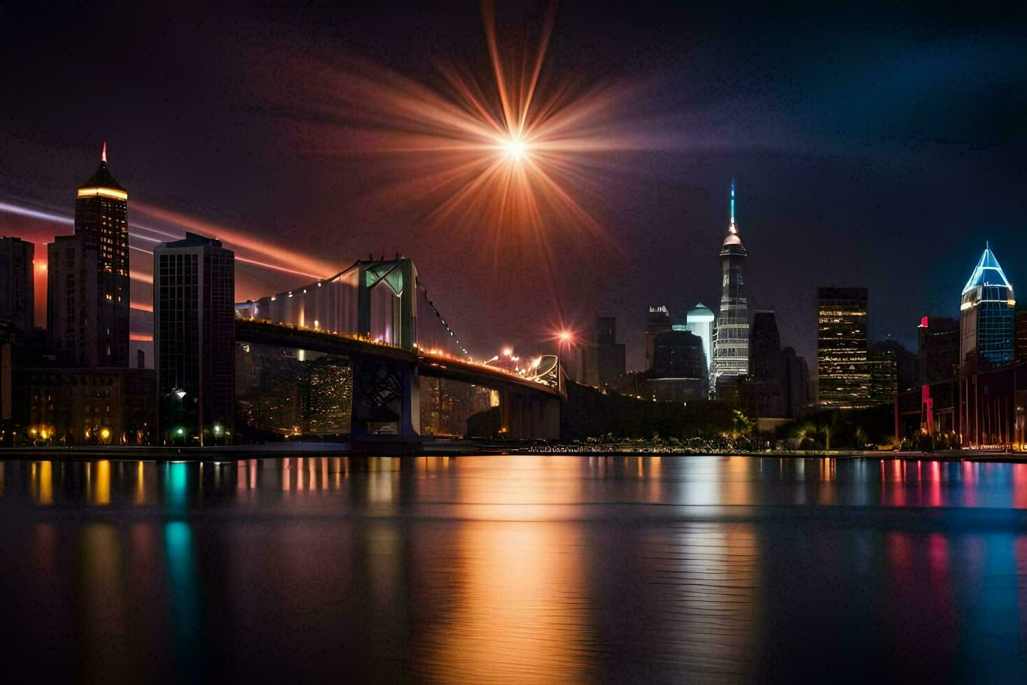 the city skyline at night with lights reflecting off the water. AI-Generated photo