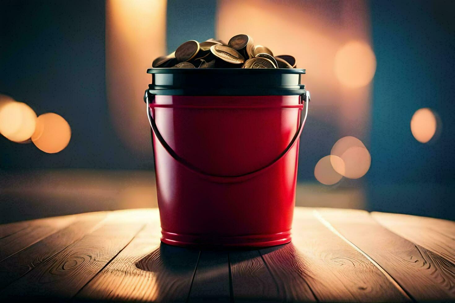 a red bucket filled with coins on a wooden table. AI-Generated photo