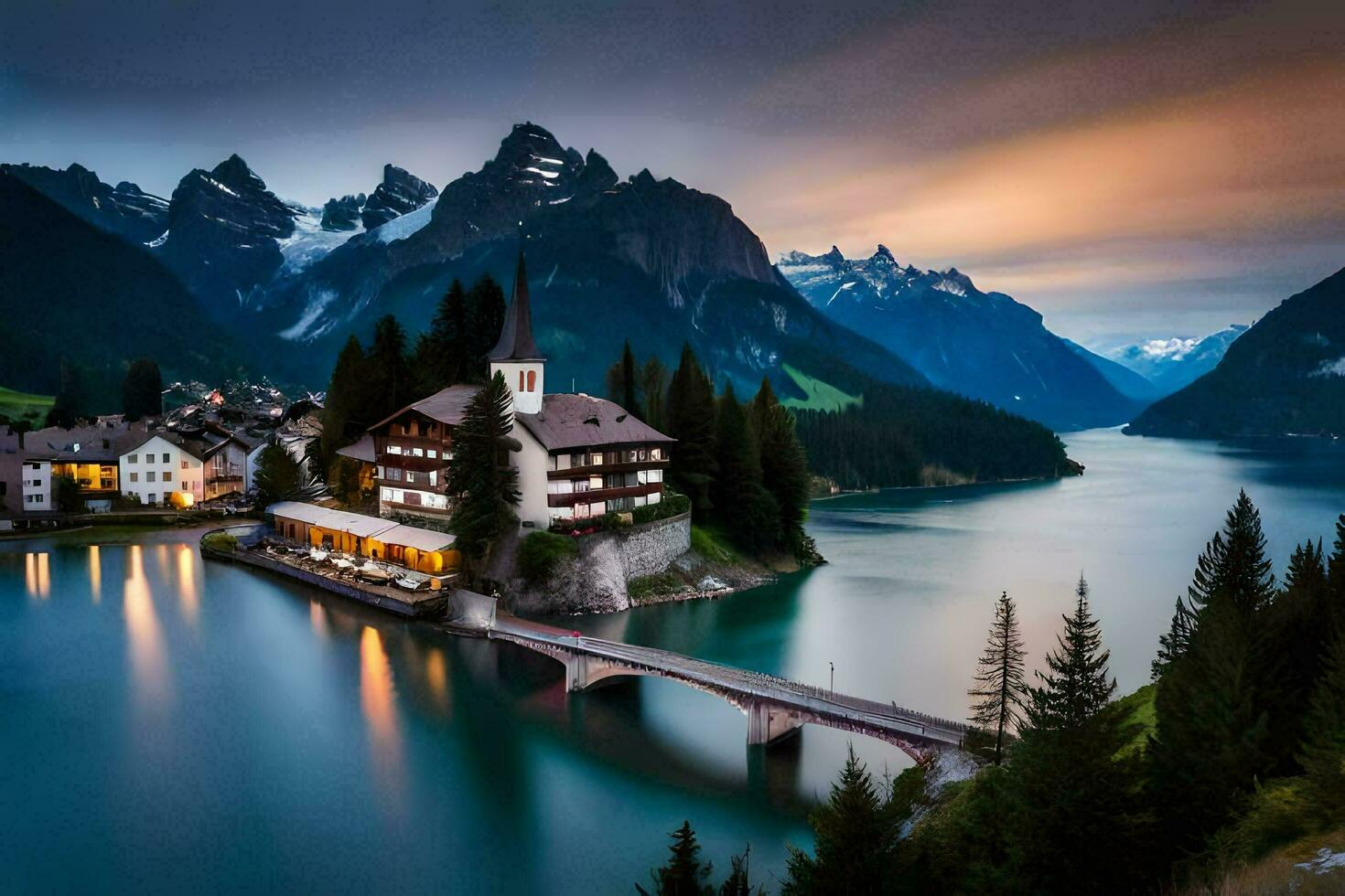 a beautiful lake and mountain village in the swiss alps. AI-Generated photo