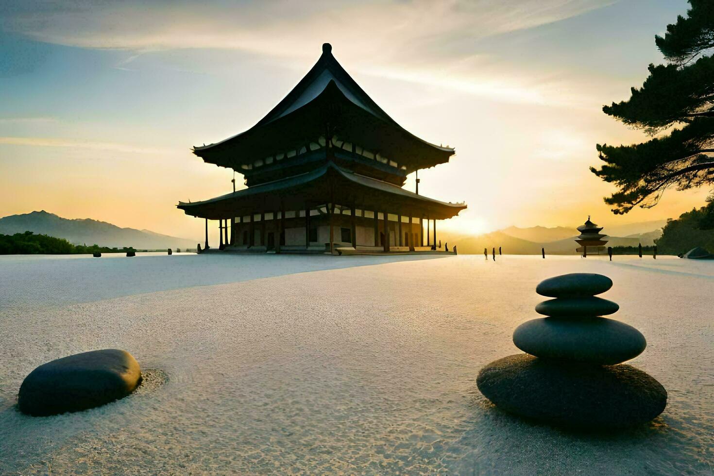 a pagoda sits in the middle of a field with rocks. AI-Generated photo