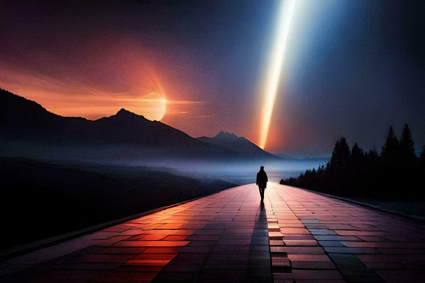 a man walking down a long road with a bright light coming from the sky. AI-Generated photo