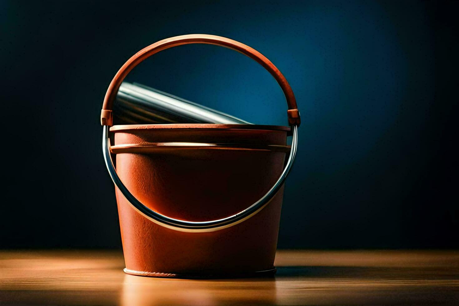 a bucket with a metal handle on a wooden table. AI-Generated photo