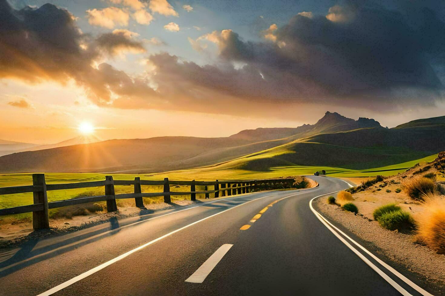 a road with a fence and mountains in the background. AI-Generated photo