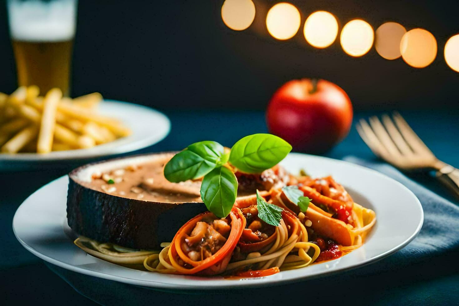 the food is served on a plate with a fork and a knife. AI-Generated photo