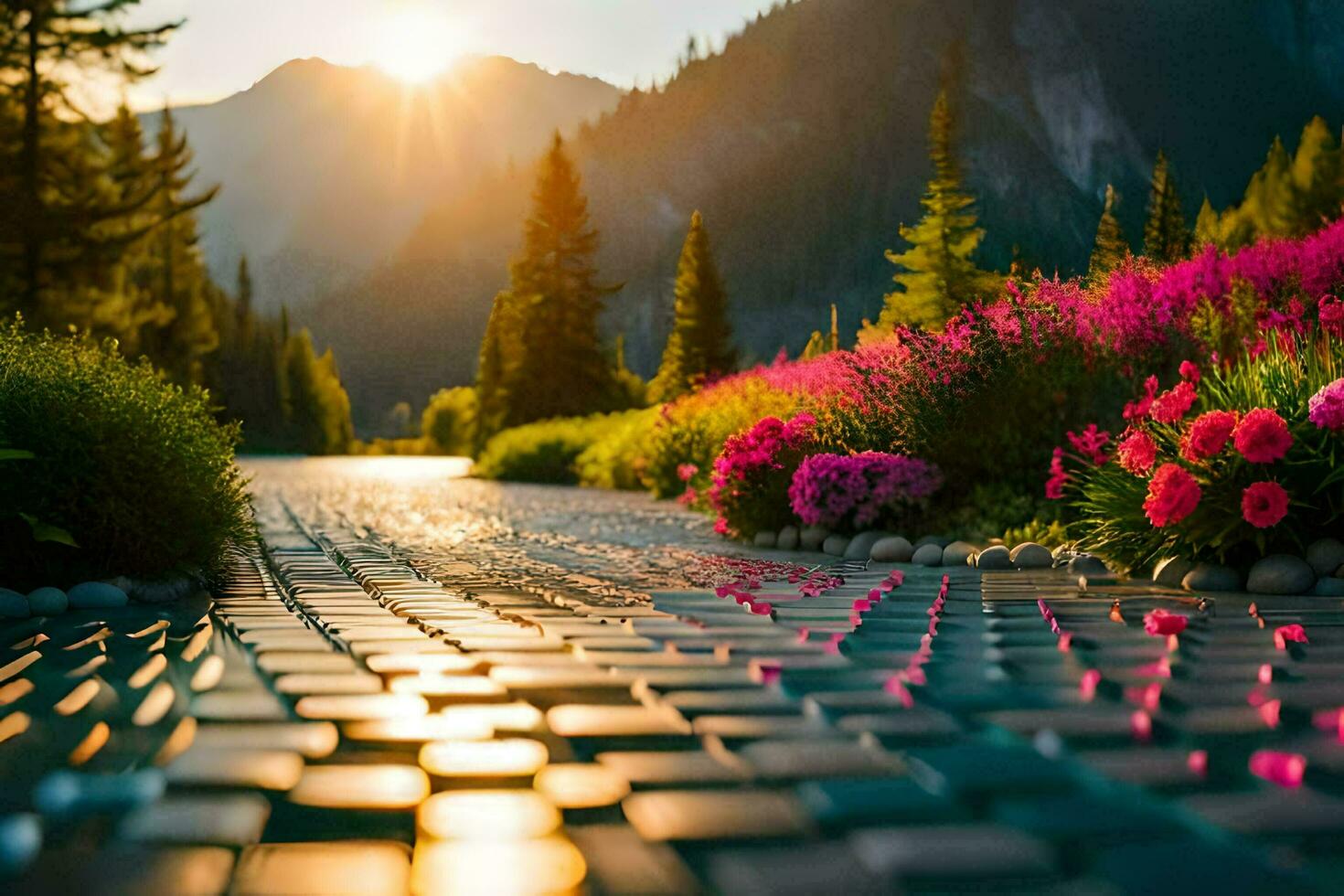 photo wallpaper the sky, flowers, mountains, the sun, flowers, the road, the sun. AI-Generated