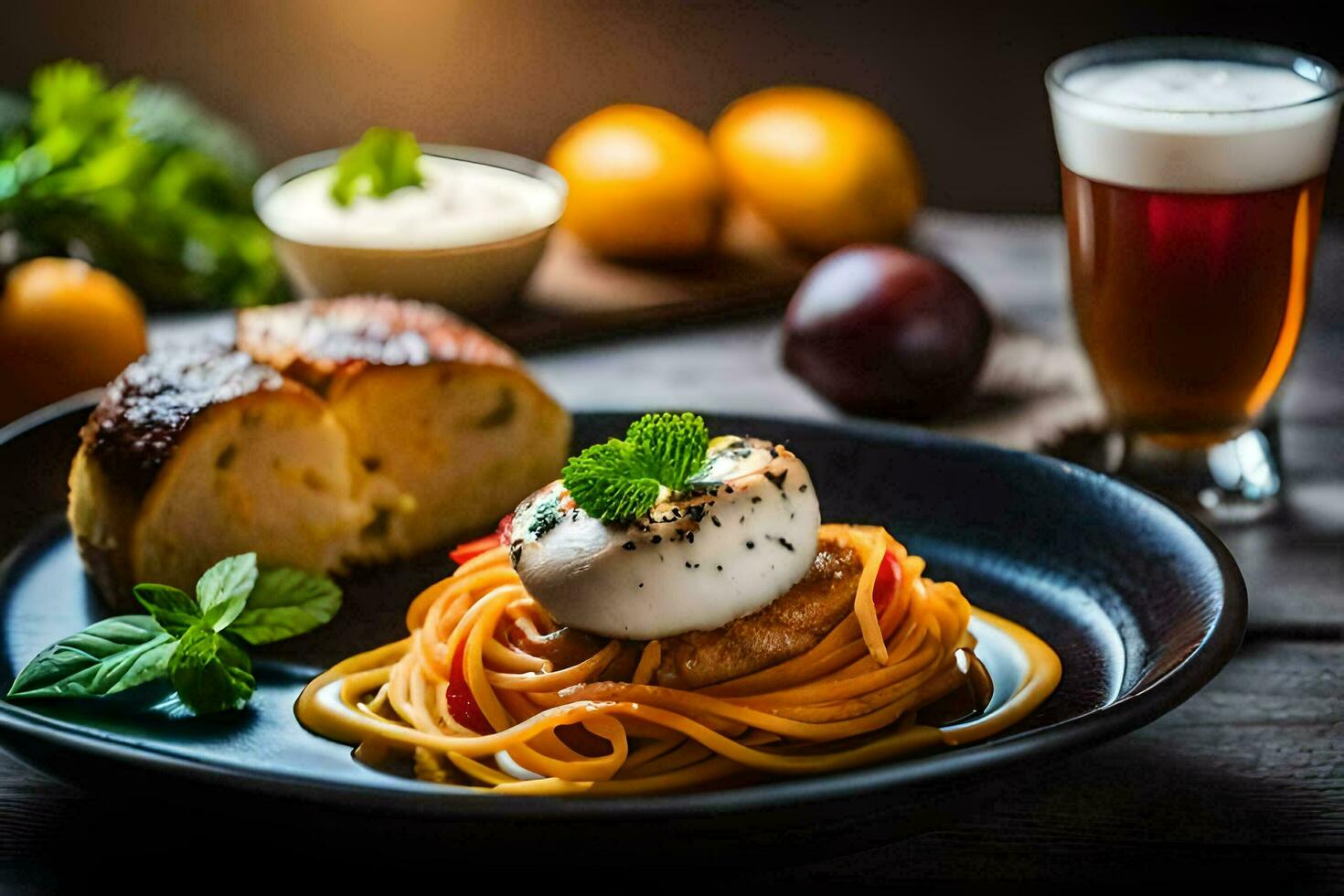 spaghetti with meatballs and a glass of beer. AI-Generated photo