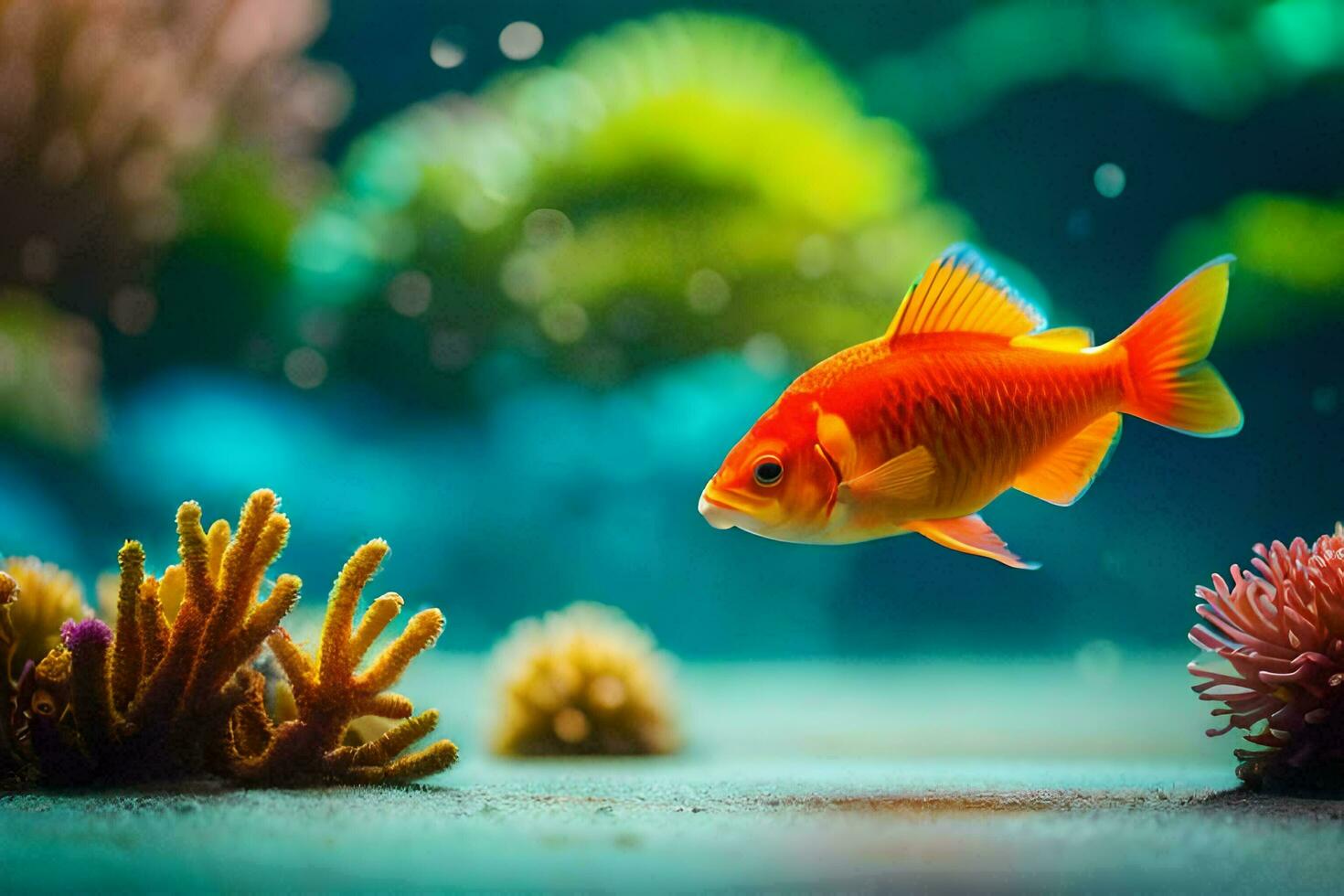 a fish swimming in an aquarium with coral and anemones. AI-Generated photo