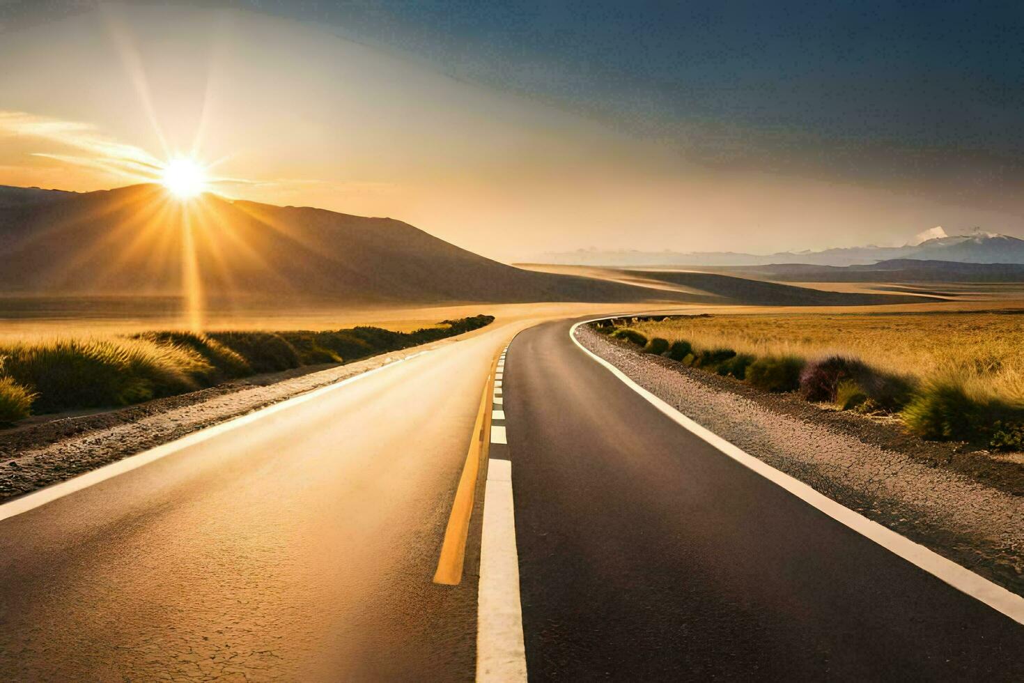 a long empty road in the desert at sunset. AI-Generated photo