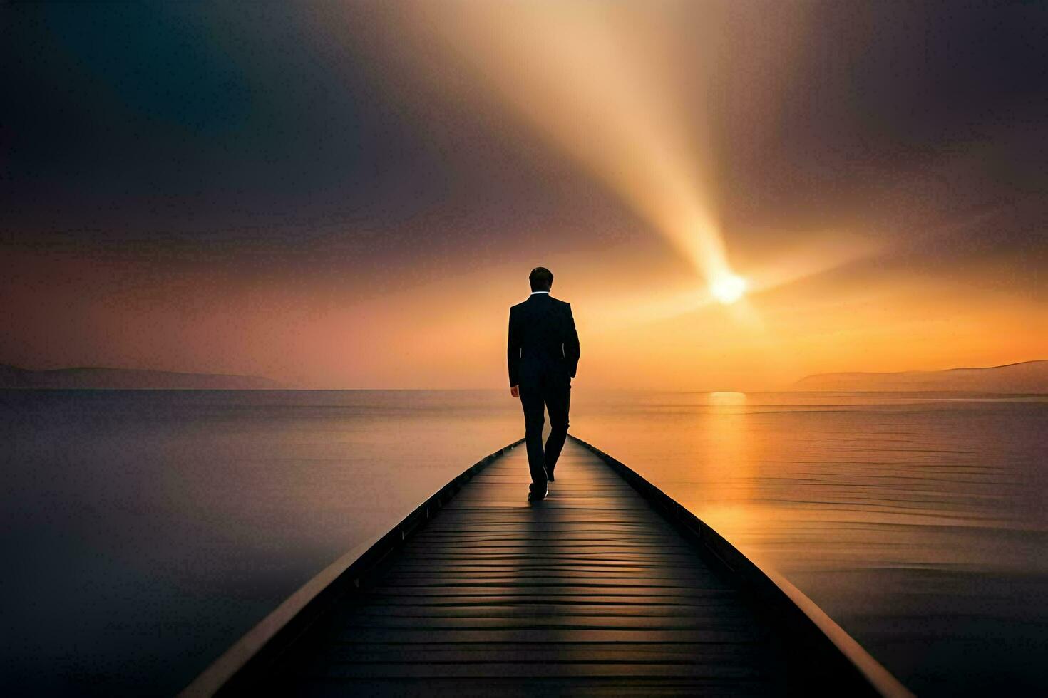 a man standing on a dock at sunset. AI-Generated photo