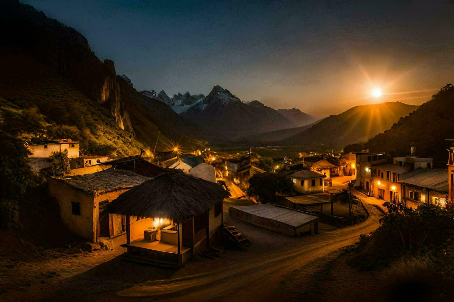 the sun sets over a village in the mountains. AI-Generated photo
