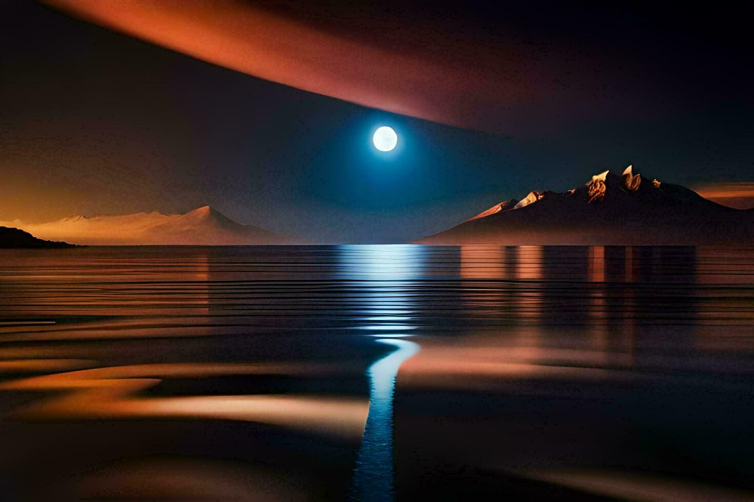 the moon is shining over the water and mountains. AI-Generated photo