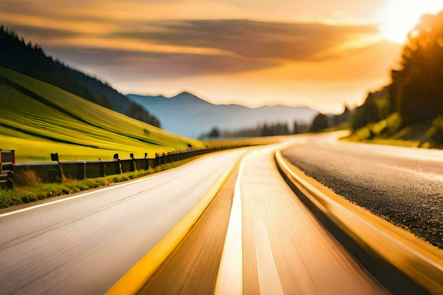 a car driving on a highway at sunset. AI-Generated photo