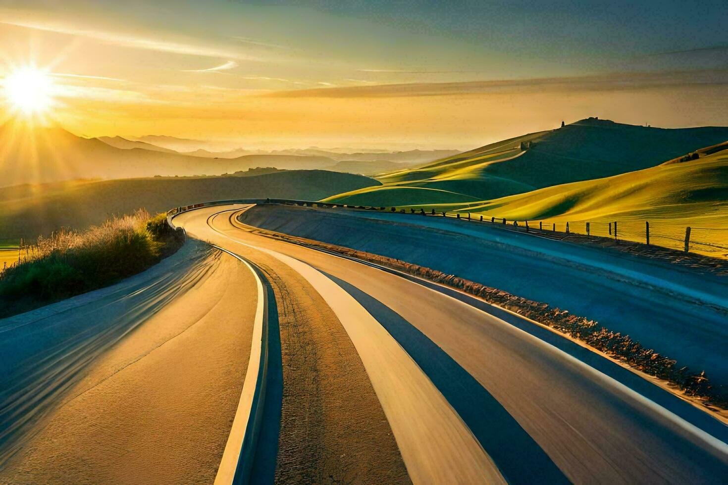 a road in the countryside with the sun setting. AI-Generated photo