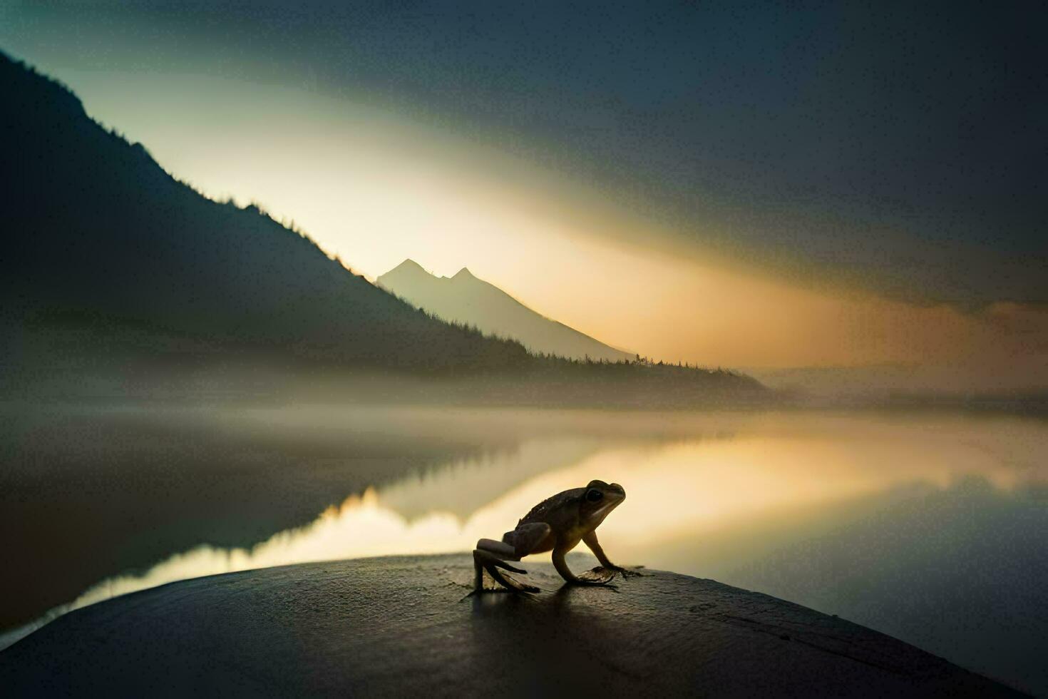 a frog sitting on a rock in front of a lake. AI-Generated photo