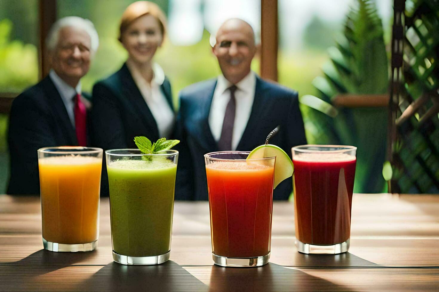 un grupo de personas en trajes y corbatas son en pie en frente de un mesa con diferente jugos generado por ai foto