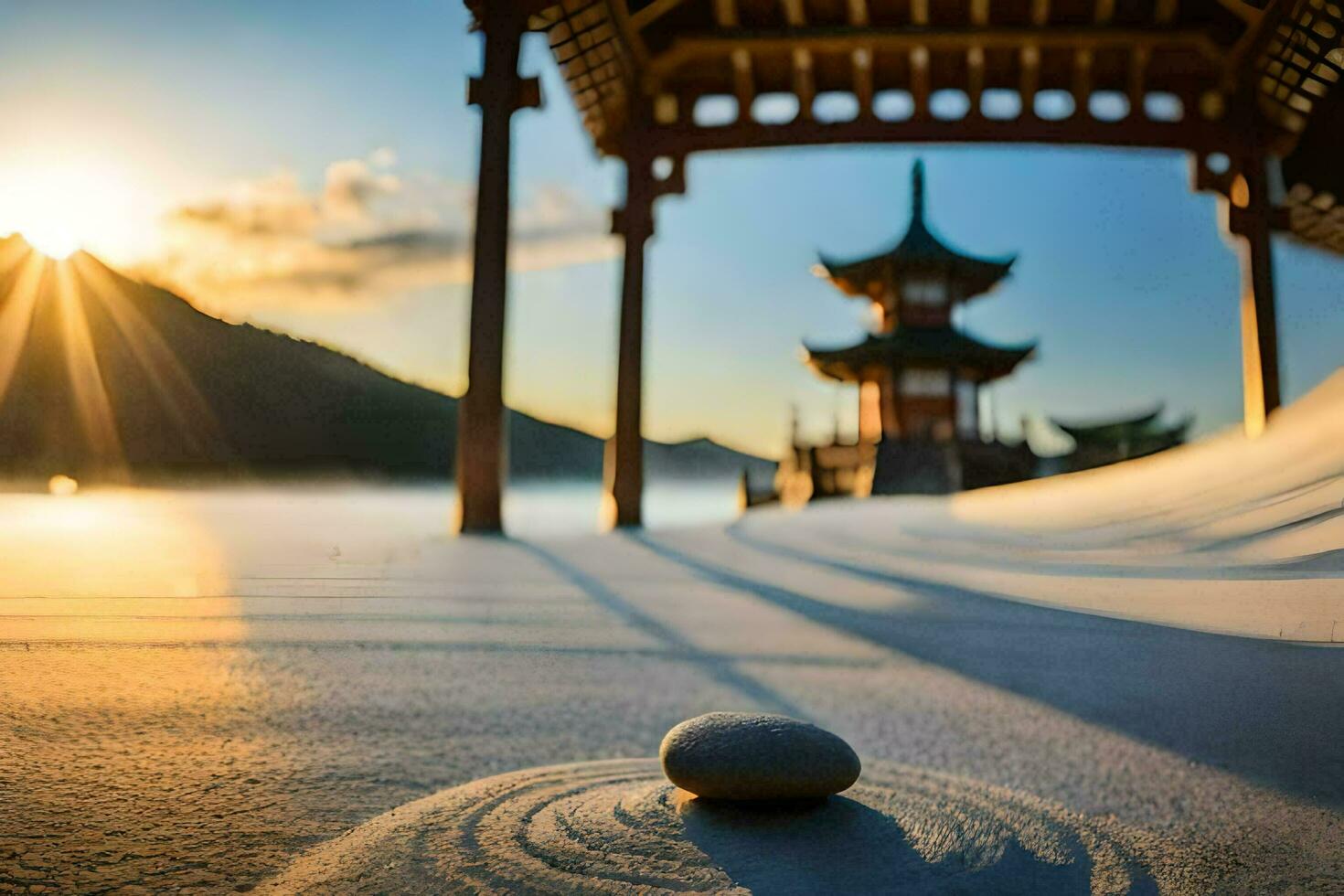 the sun rises over the water and a pagoda in the background. AI-Generated photo