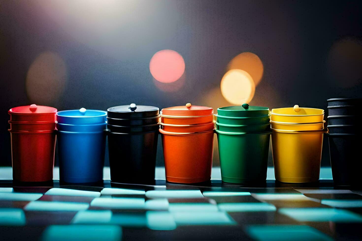 a row of colorful cups on a chess board. AI-Generated photo