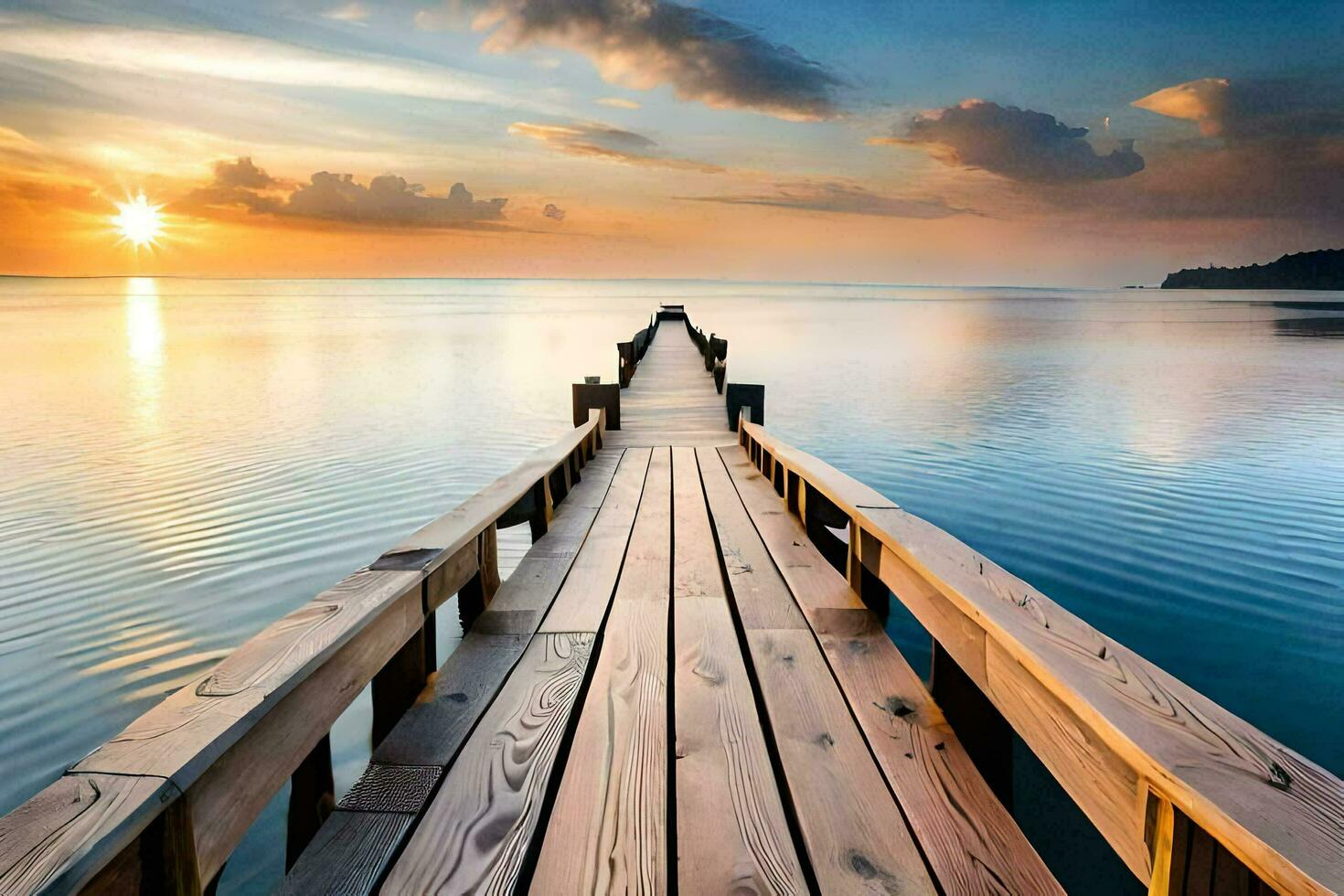 a wooden pier stretches out into the ocean at sunset. AI-Generated photo