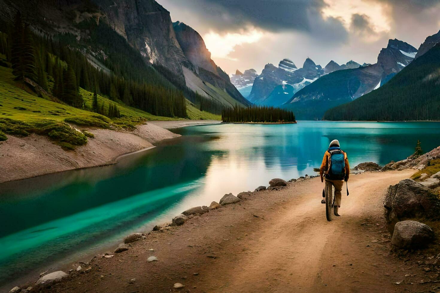 a man on a bike rides down a dirt road near a lake. AI-Generated photo