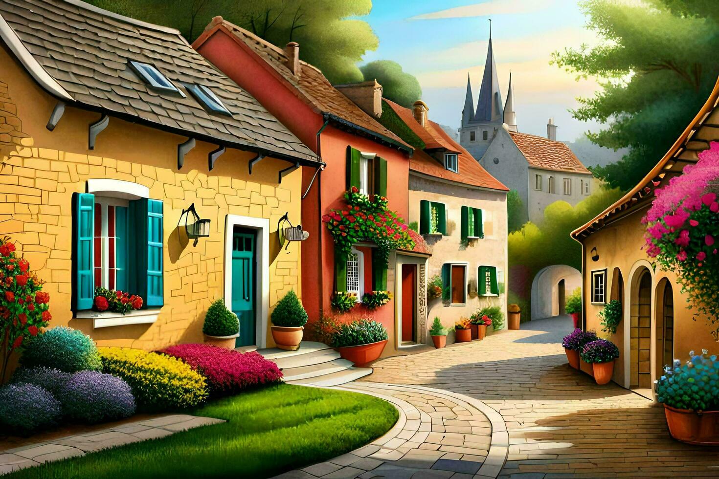 an illustration of a street in a village. AI-Generated photo
