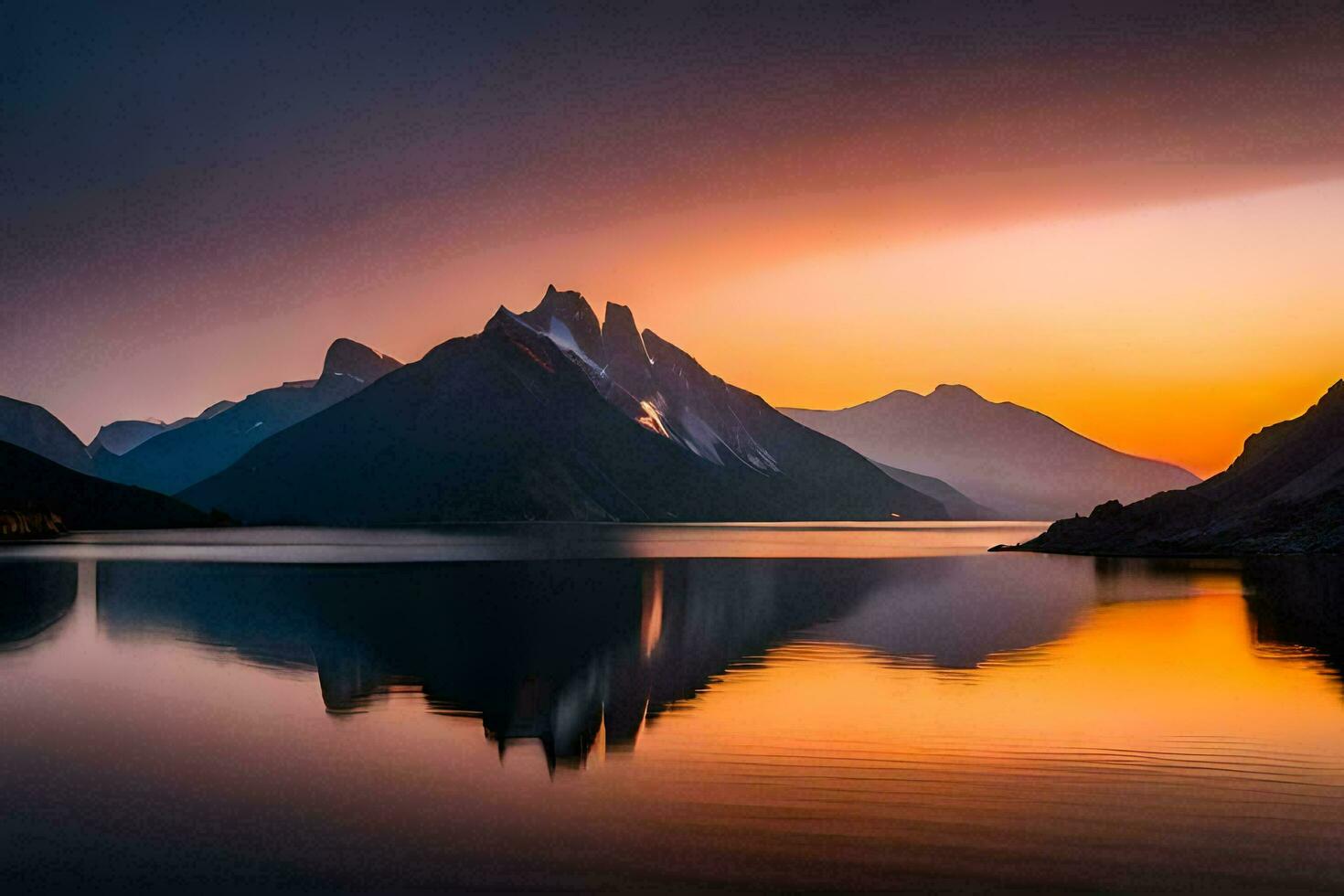 a beautiful sunset over a lake with mountains in the background. AI-Generated photo