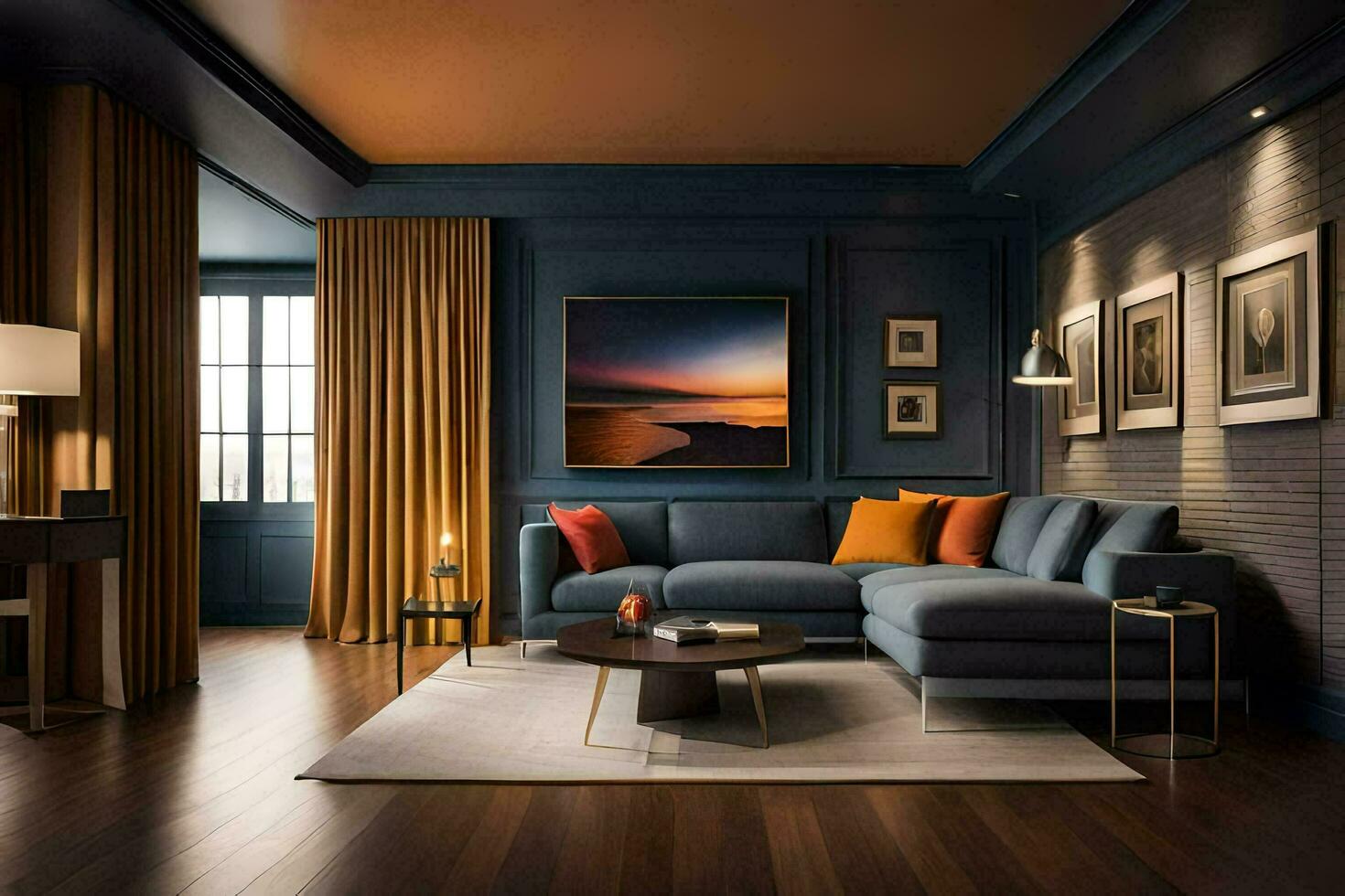 un vivo habitación con azul paredes y madera pisos generado por ai foto