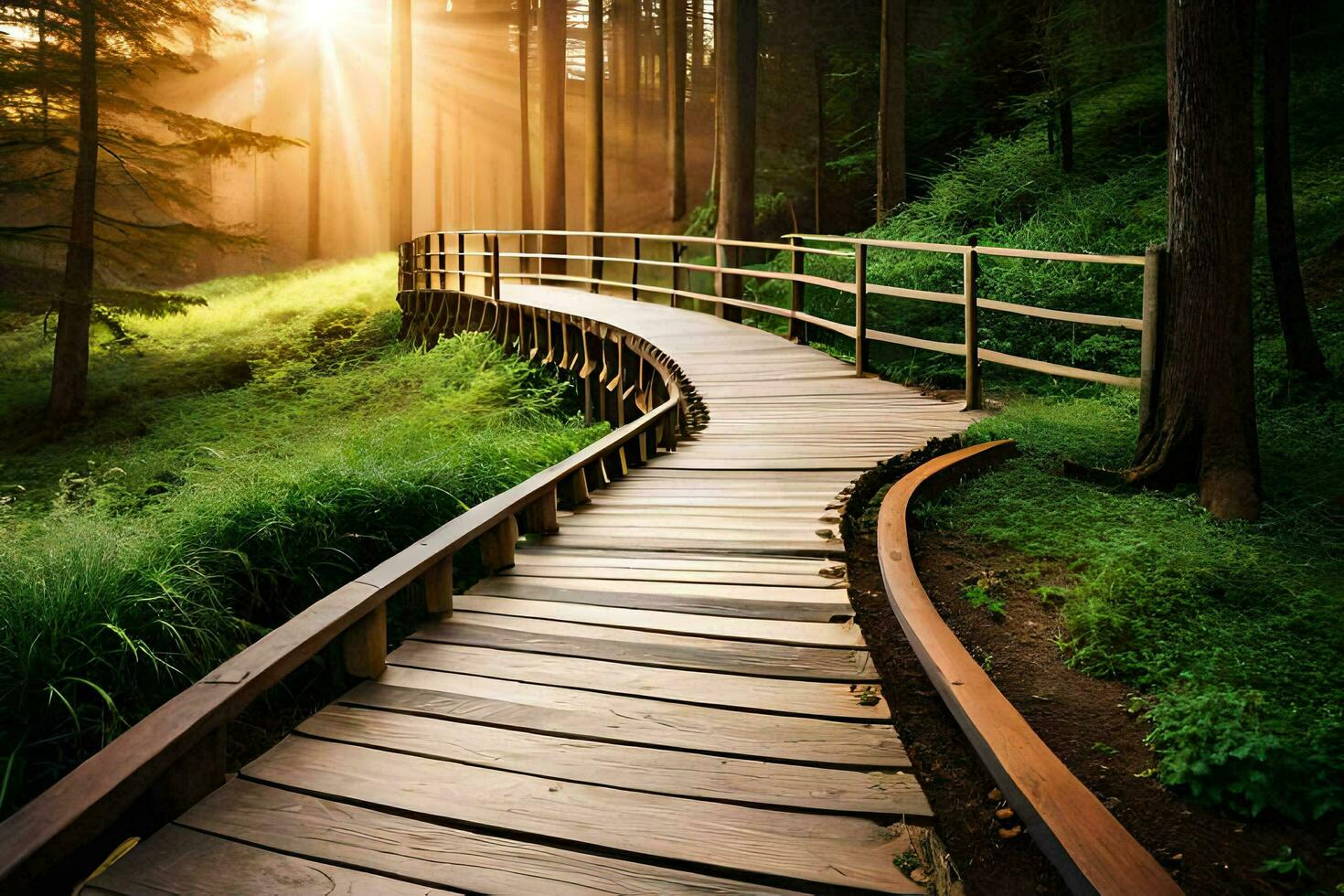 wooden path in the forest at sunrise. AI-Generated photo