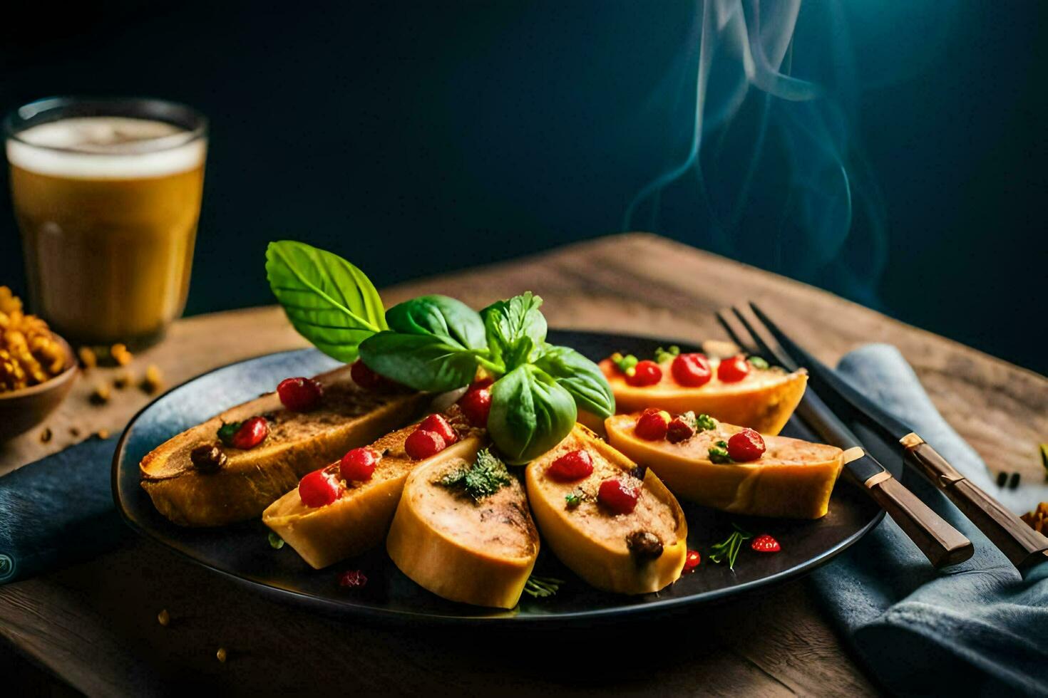 the food is served on a plate with a fork and a cup of coffee. AI-Generated photo