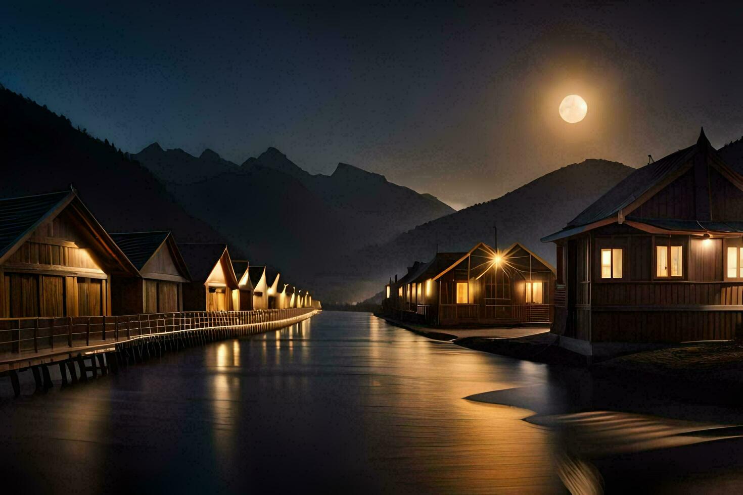 photo wallpaper the moon, water, mountains, night, the moon, water, the moonlight. AI-Generated