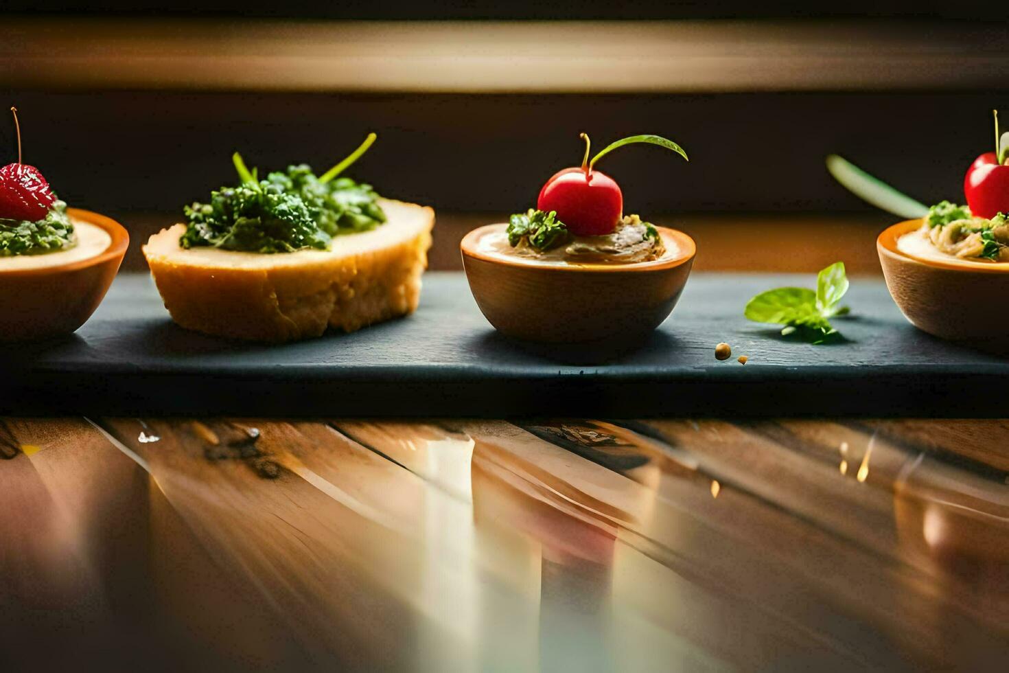 a series of appetizers on a wooden tray. AI-Generated photo
