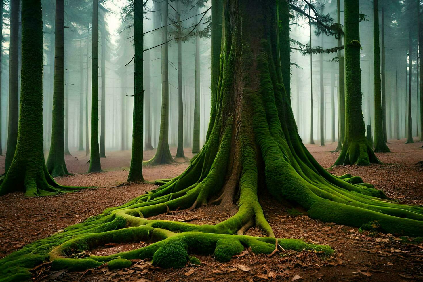 a green forest with mossy trees and roots. AI-Generated photo