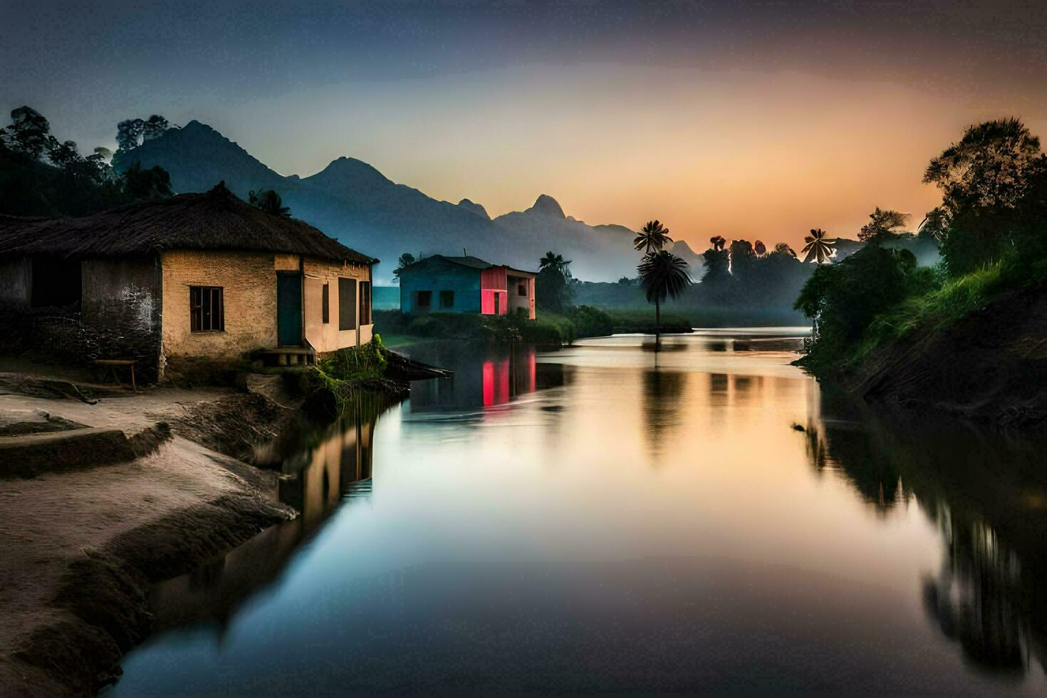 photo wallpaper the sky, water, mountains, house, river, sunset, the mountains, the. AI-Generated