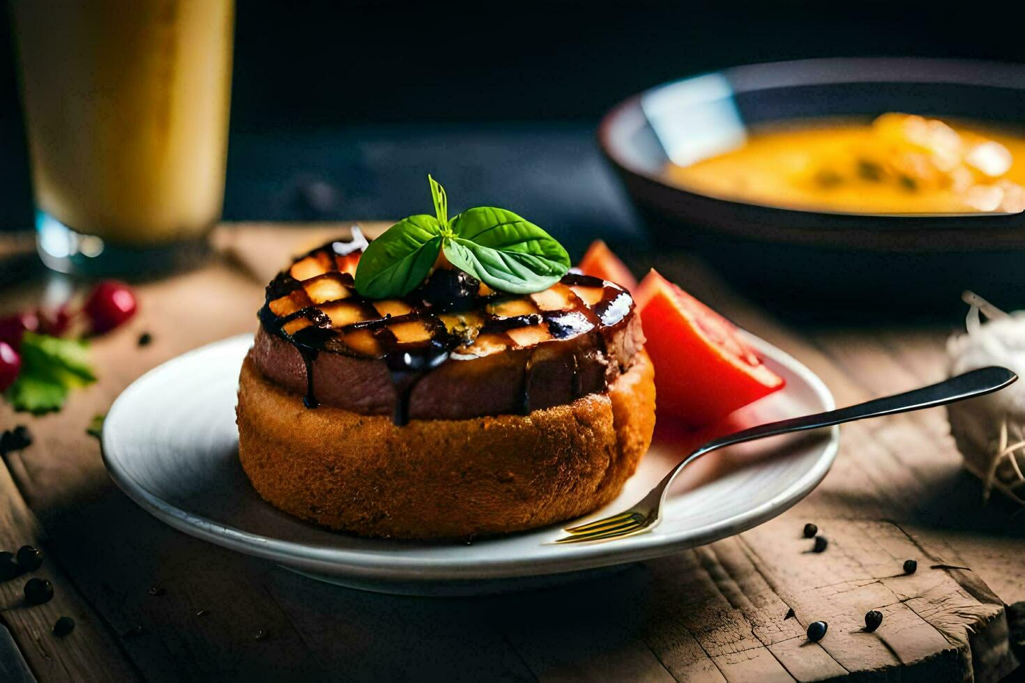 a plate with a grilled cheese sandwich and a glass of orange juice. AI-Generated photo