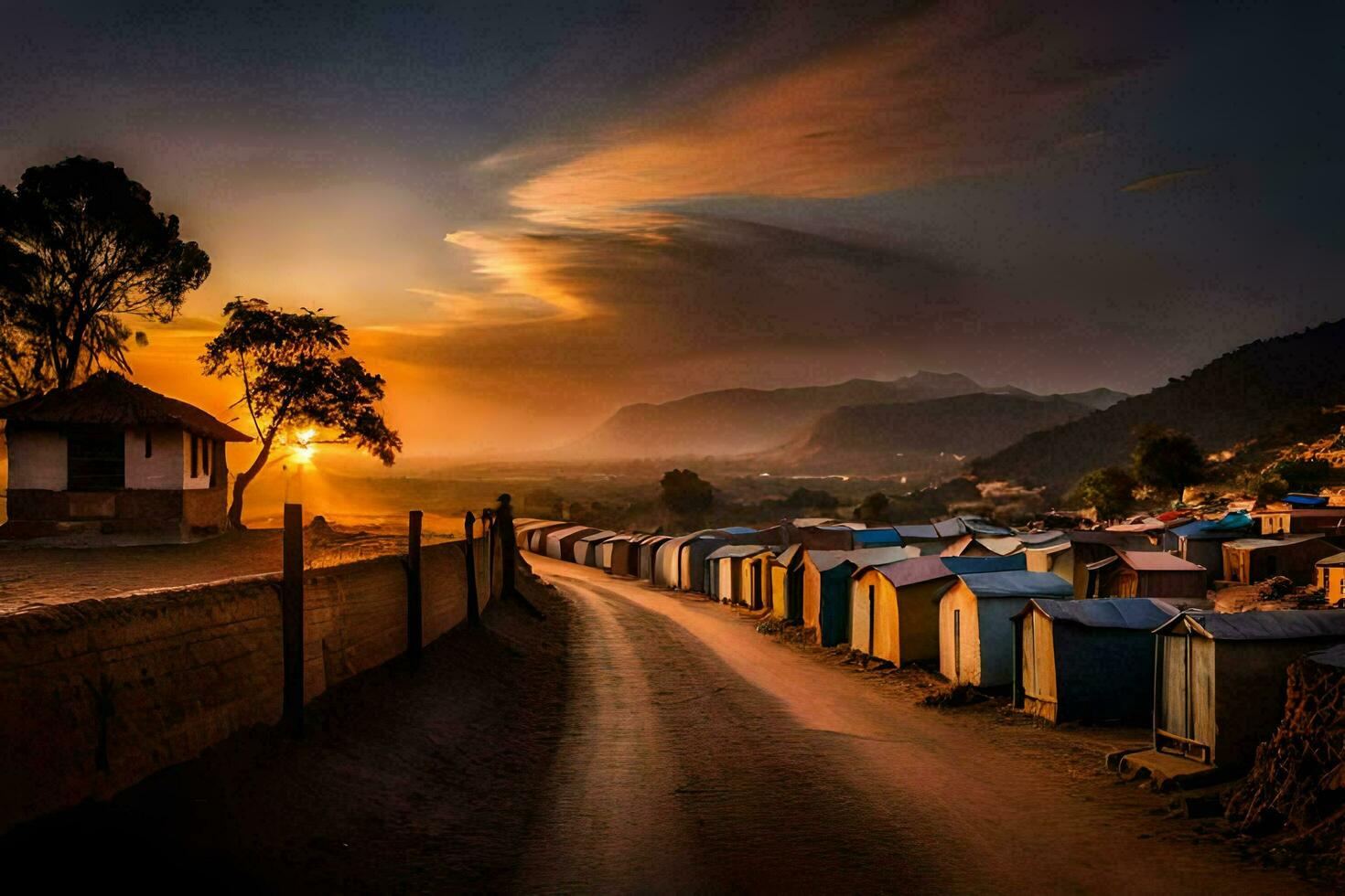 the sun sets over the village of huts. AI-Generated photo