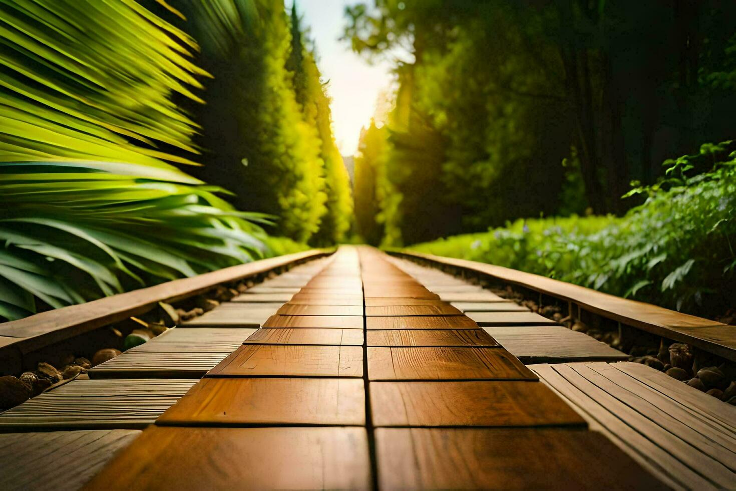 a wooden walkway in the middle of a forest. AI-Generated photo