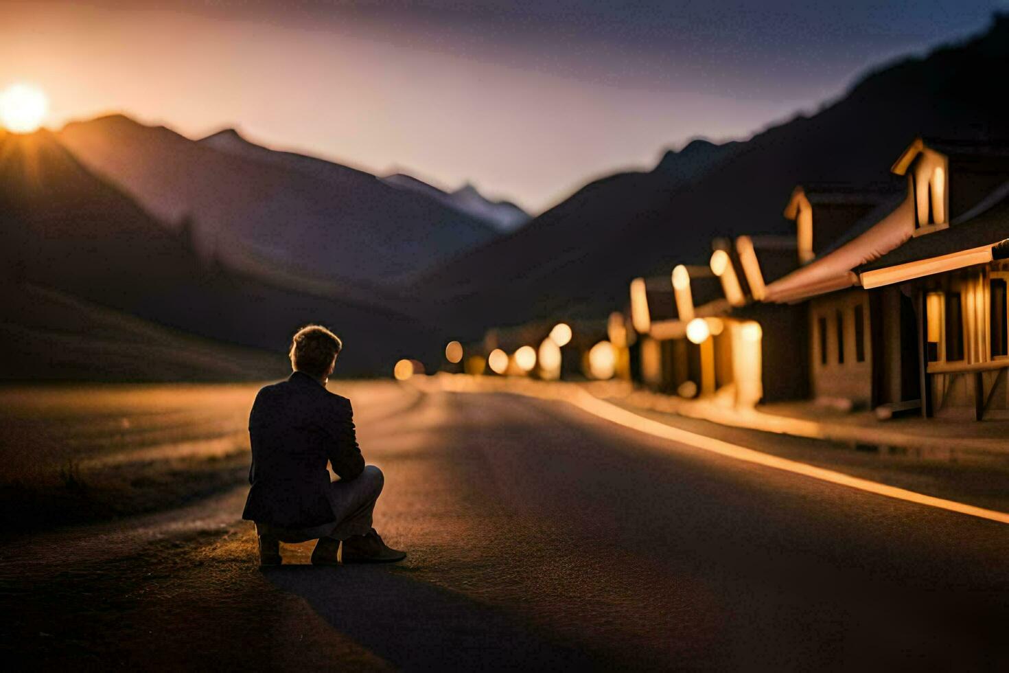 a man sitting on the side of the road at sunset. AI-Generated photo