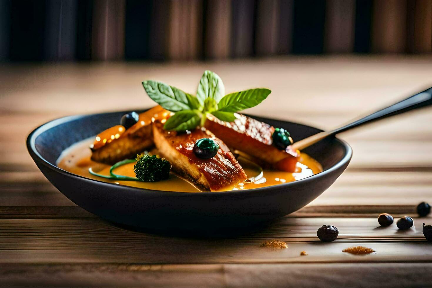 a bowl of food with a spoon and a sprig of mint. AI-Generated photo