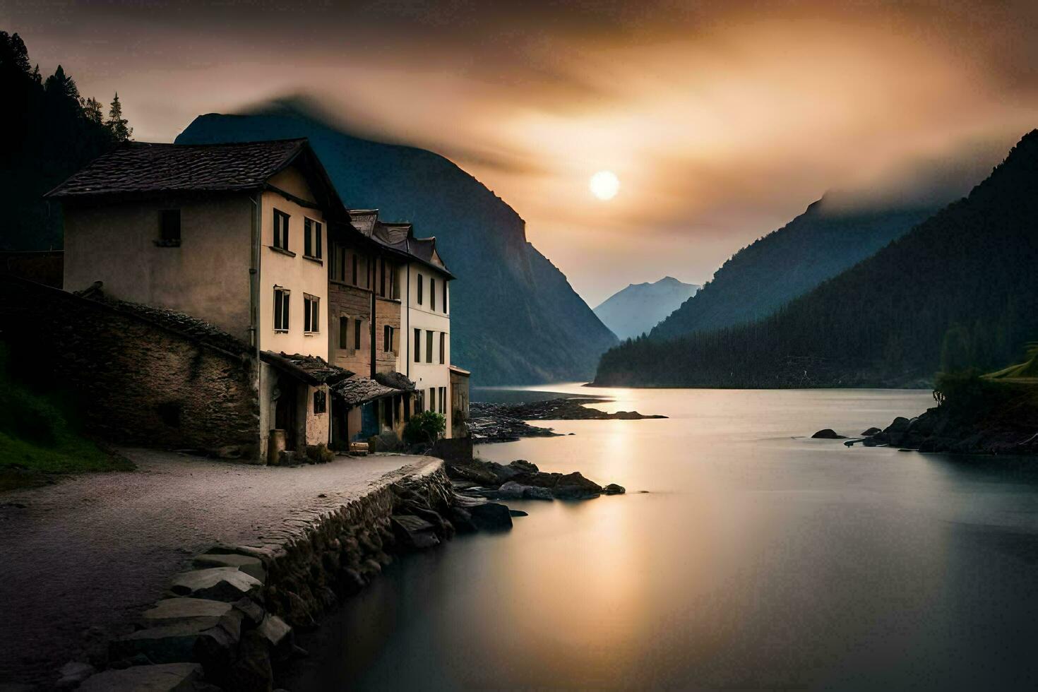 photo wallpaper the sky, mountains, lake, house, the sun, the mountains, the lake. AI-Generated