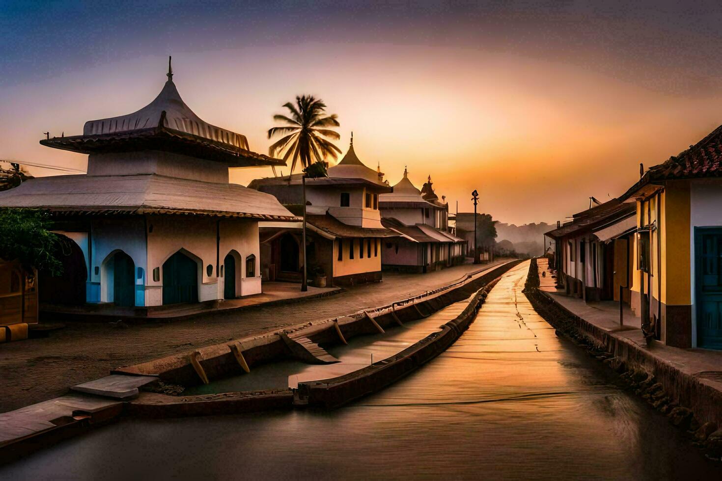 un río carreras mediante un pequeño pueblo a puesta de sol. generado por ai foto