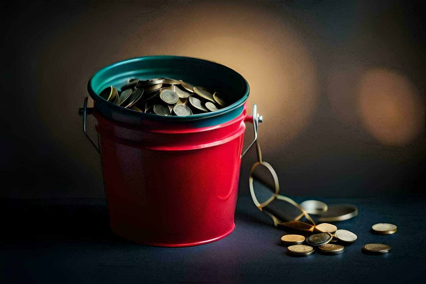 a red bucket filled with coins on a dark background. AI-Generated photo