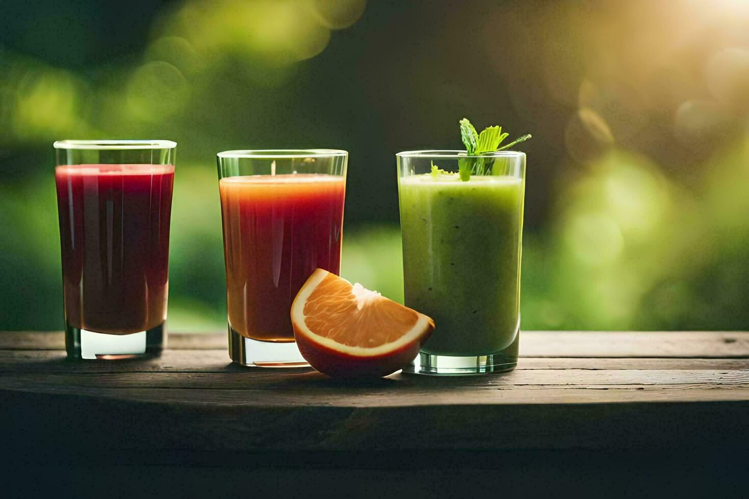 three glasses of juice with oranges and oranges. AI-Generated photo