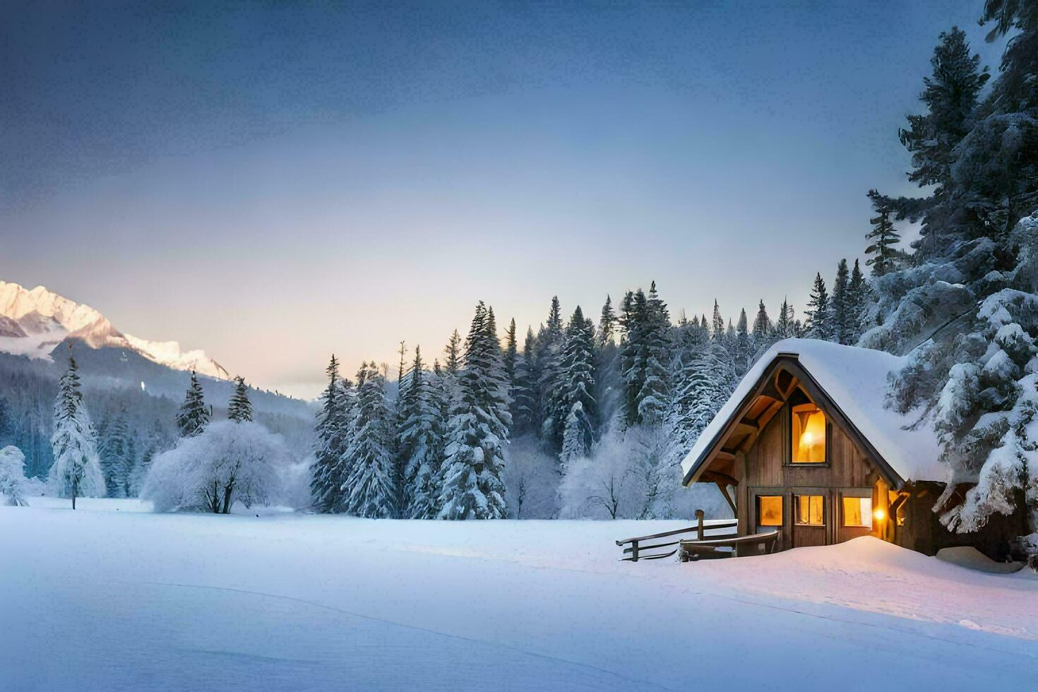 a cabin in the snow with trees and snow. AI-Generated photo