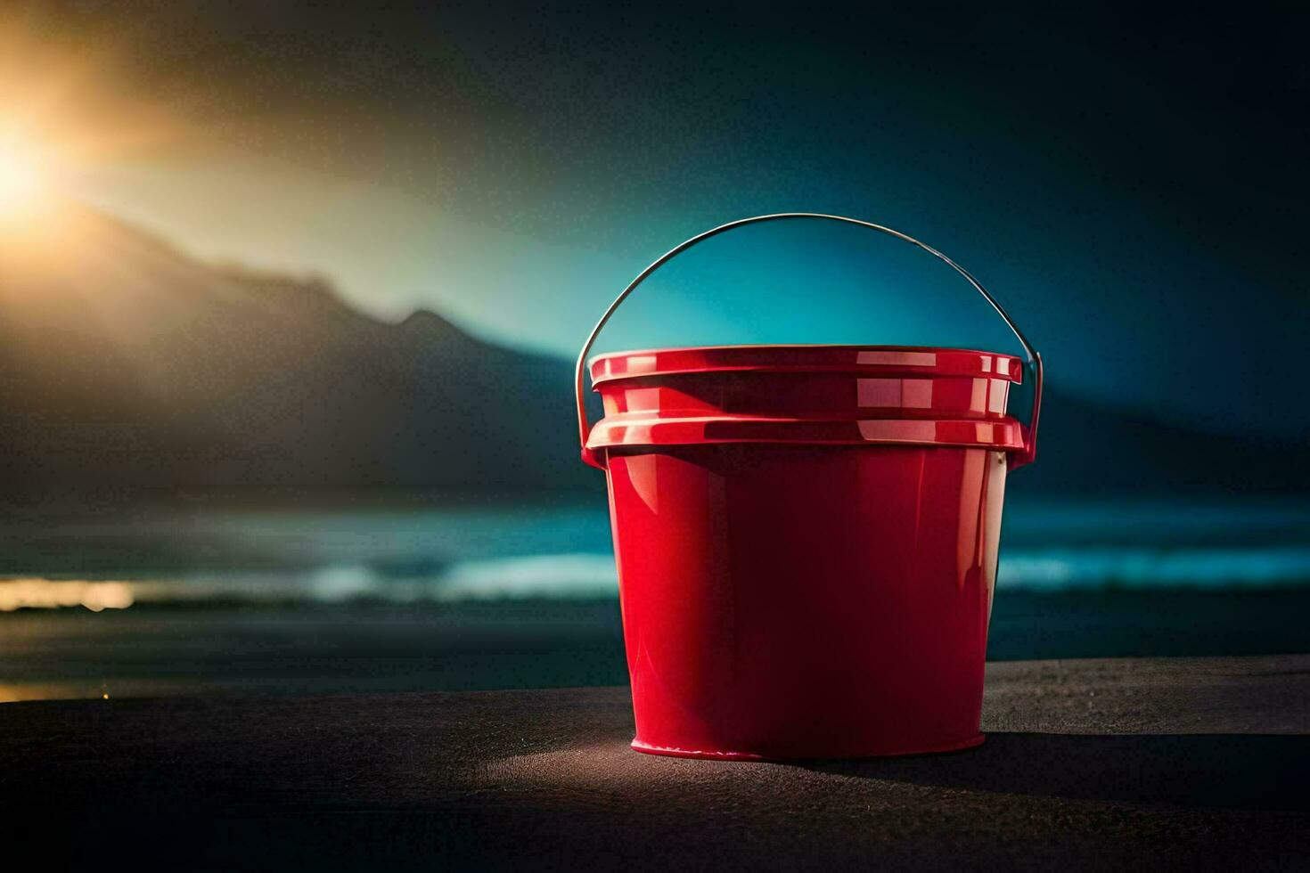 a red bucket sitting on the beach at sunset. AI-Generated photo