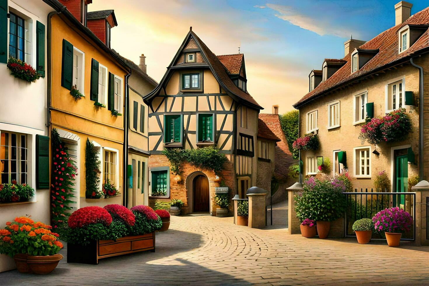 a painting of a street with flowers and houses. AI-Generated photo